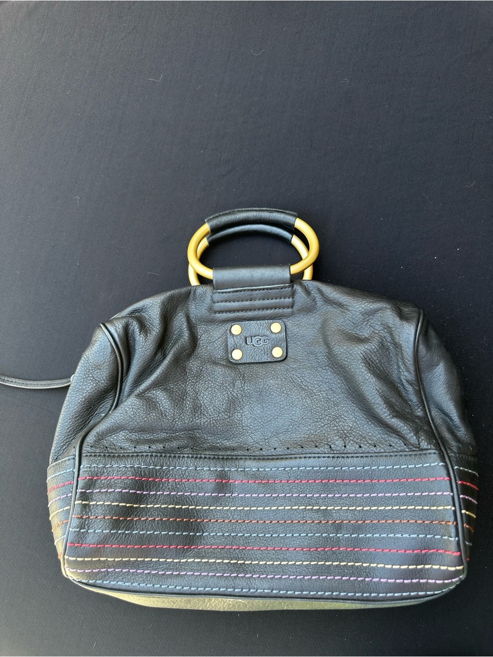 UGG Black Leather Satchel with Gold Ring Handles and Multicolor Stitching